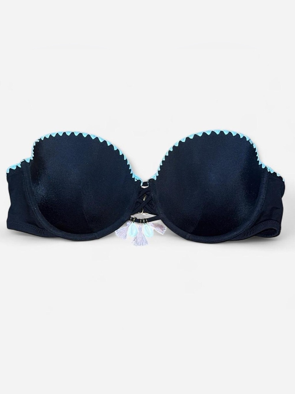 Victoria's Secret Navy Strapless Swim top with Aqua Trim and Tassel Charms